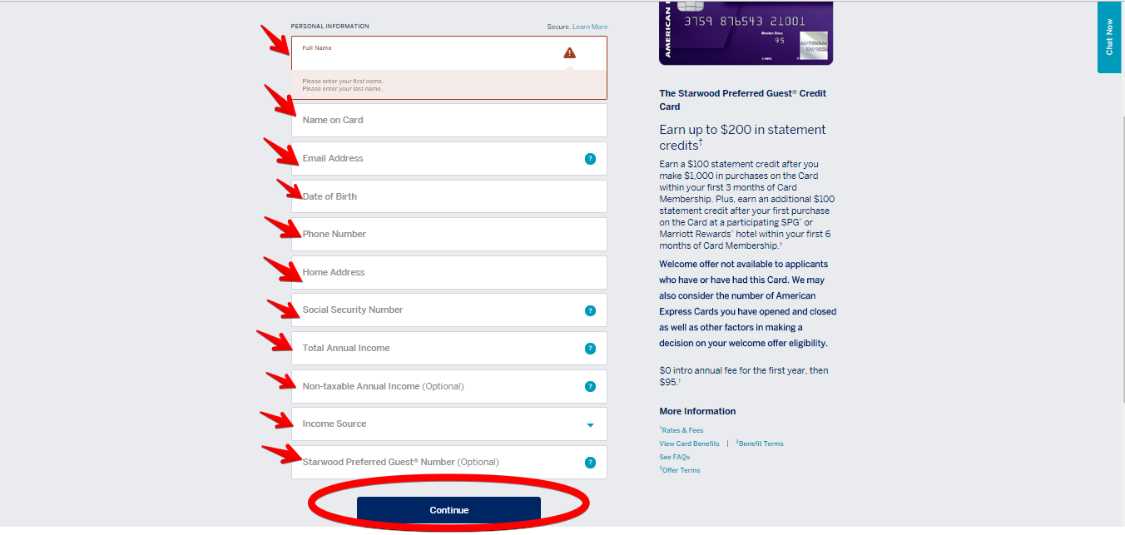 American Express website screenshot displaying credit card application form
